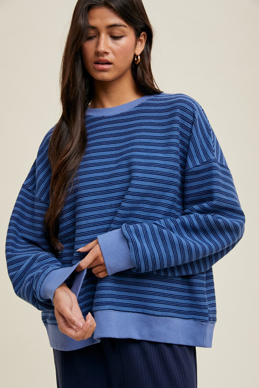 Blue Striped Knit Relaxed Fit Pullover