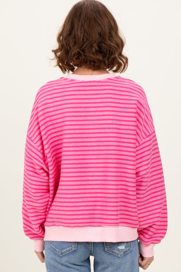 Pink Striped Knit Relaxed Fit Pullover