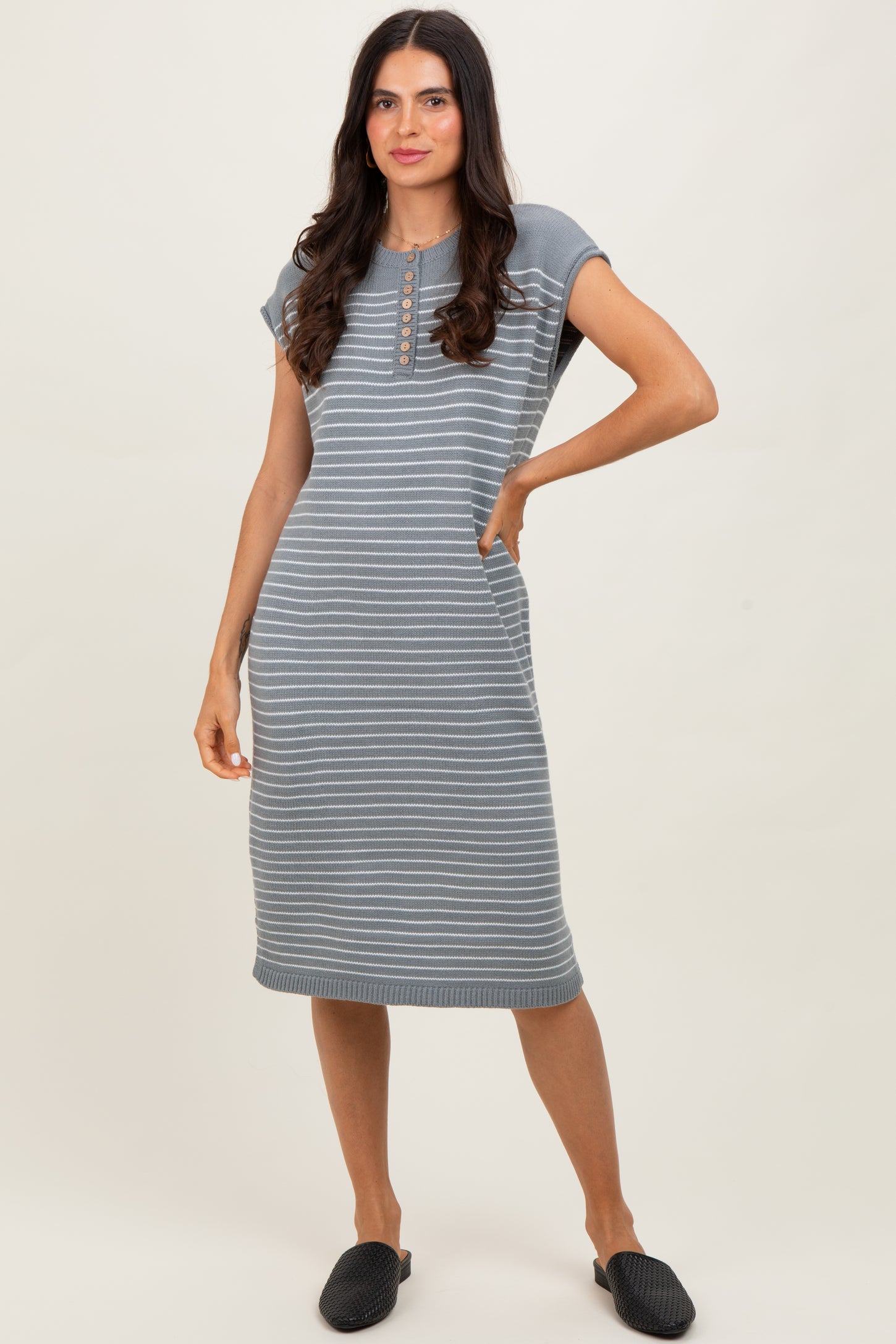 Grey Striped Knit Button Detail Maternity Midi Dress