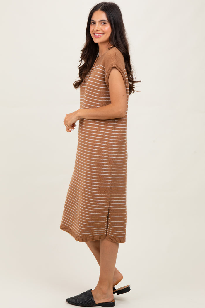 Mocha Striped Knit Button Detail Midi Dress