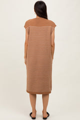 Mocha Striped Knit Button Detail Midi Dress