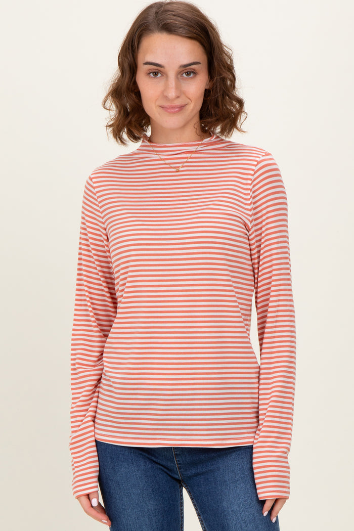 Rust Striped High Neck Maternity Long Sleeve Top