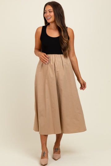 Black Knit Contrast Top Sleeveless Maternity Midi Dress