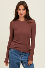 Brown Ribbed Long Sleeve Top