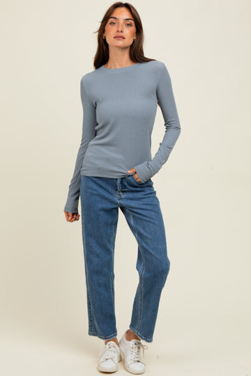 Grey Ribbed Long Sleeve Top
