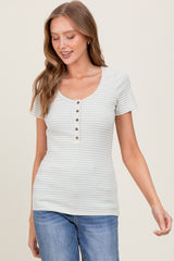 Light Blue Striped Fitted Short Sleeve Maternity Top