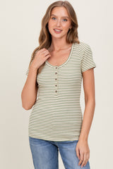 Green Striped Fitted Short Sleeve Top