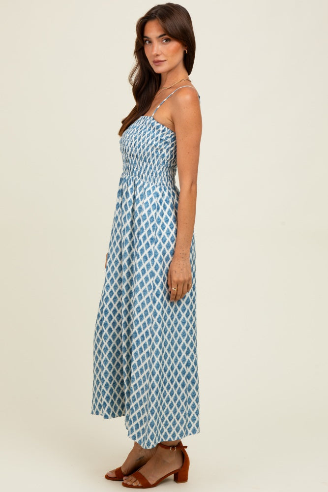 Blue Diamond Print Smocked Midi Dress