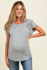 Heather Grey Double Ruffle Sleeve Maternity T-Shirt