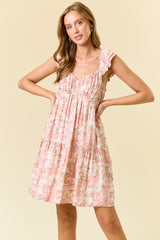 Pink Floral Ruffle Sleeve Tiered Mini Dress