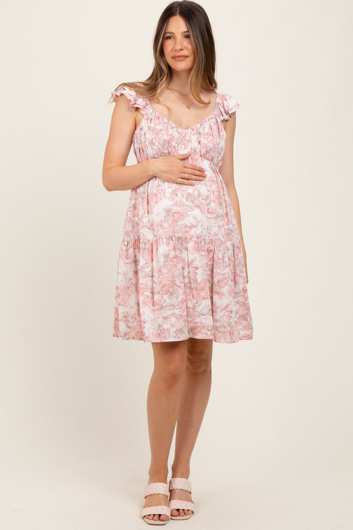 Pink Floral Ruffle Sleeve Tiered Maternity Mini Dress