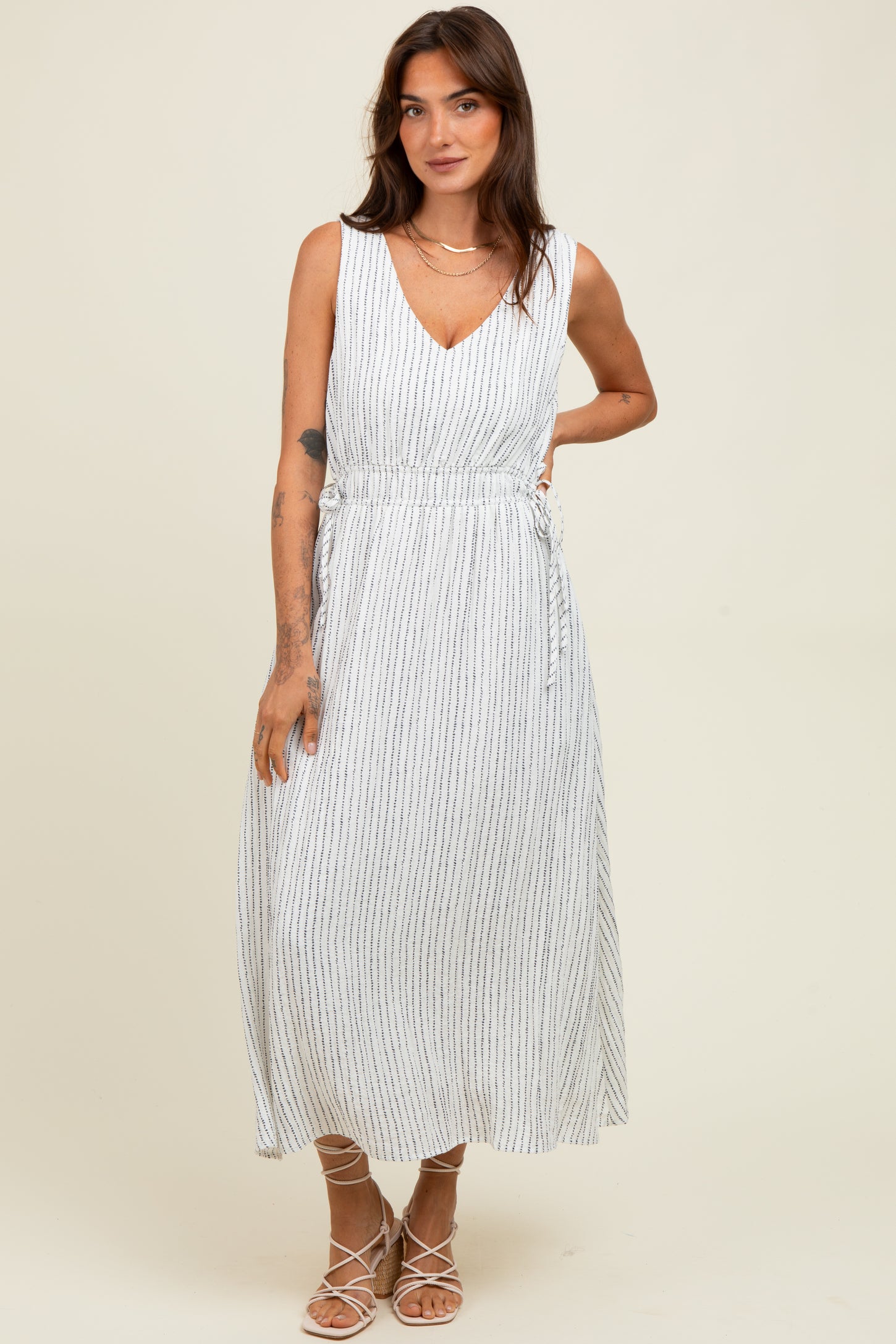 Ivory Dotted Stripe Side Tie Sleeveless Maternity Midi Dress