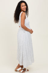 Ivory Dotted Stripe Side Tie Sleeveless Maternity Midi Dress