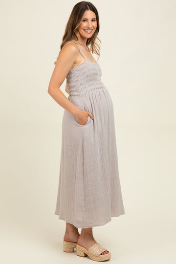 Grey Smocked Cotton Gauze Maternity Midi Dress