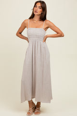 Grey Smocked Cotton Gauze Midi Dress