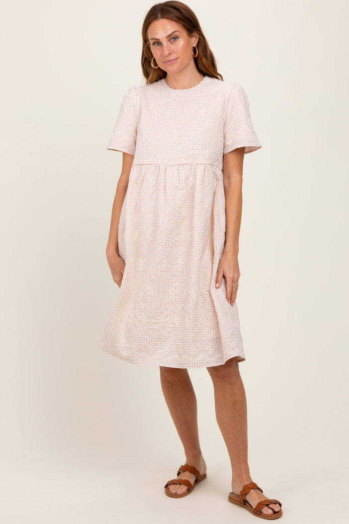 Beige Gingham Short Sleeve Dress