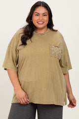 Light Olive Mineral Wash Crochet Pocket Plus Top