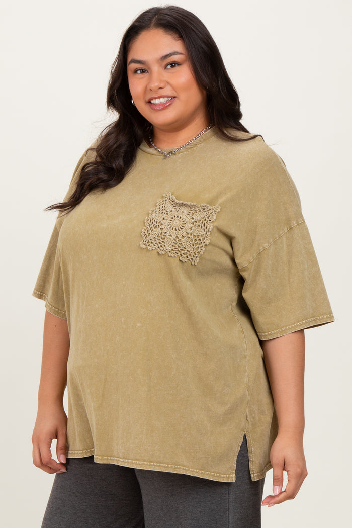 Light Olive Mineral Wash Crochet Pocket Plus Top