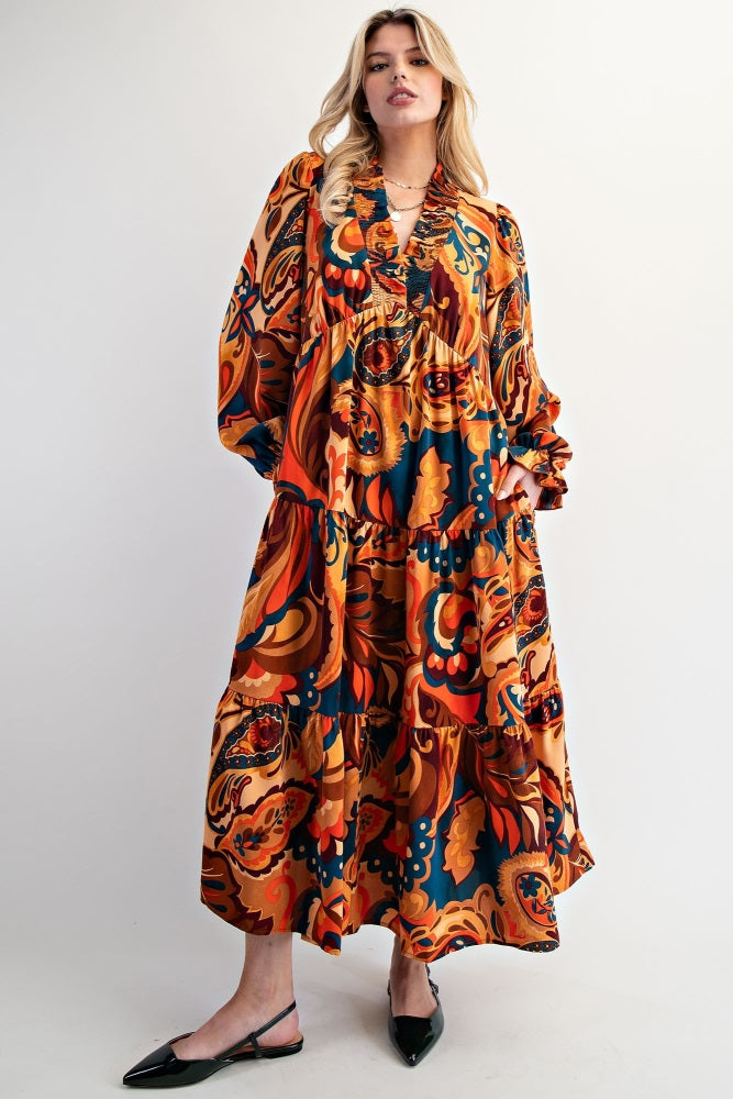 Peach Paisley V-Neck Long Sleeve Tiered Maternity Maxi Dress