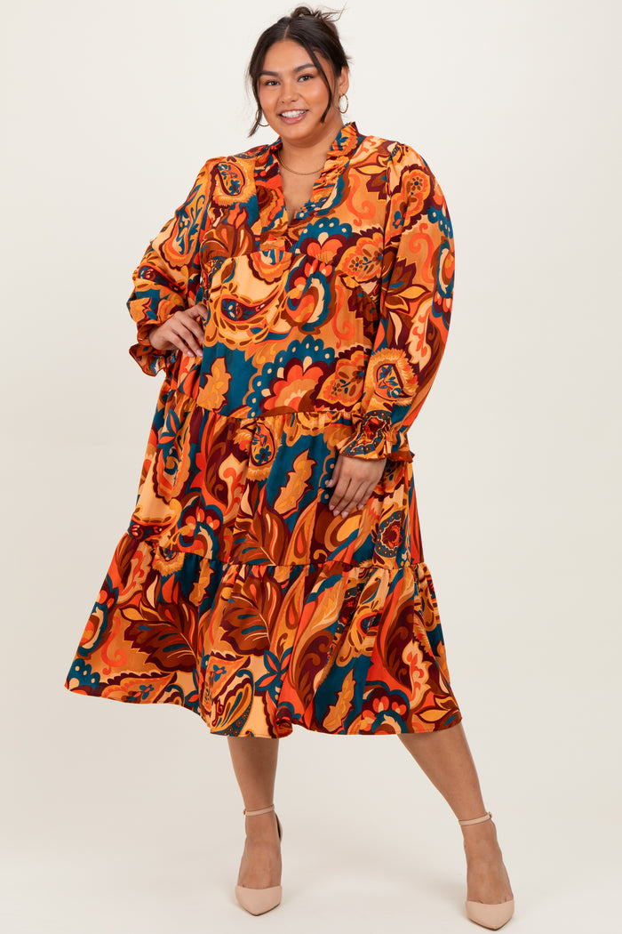 Peach Paisley V-Neck Long Sleeve Tiered Maternity Plus Maxi Dress
