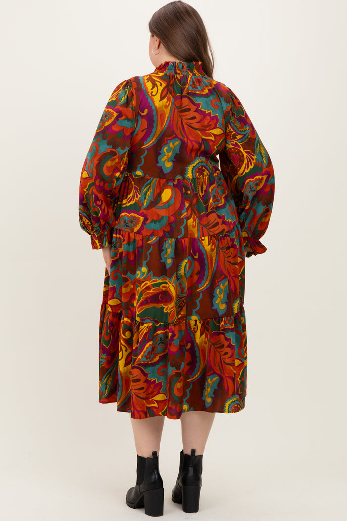 woman wearing a colorful floral maternity plus dress with long sleeves and a tiered skirt, showing a baby bump from the back