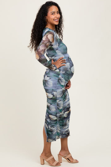 Blue Floral Mesh Overlay Ruched Maternity Midi Dress
