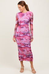 Fuchsia Floral Mesh Overlay Ruched Midi Dress