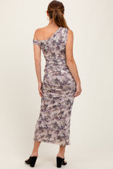 Purple Floral Ruched One Shoulder Midi Dress