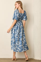 Light Navy Floral Puff Sleeve Smocked Waist Midi Dress