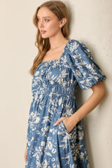Light Navy Floral Puff Sleeve Smocked Waist Midi Dress