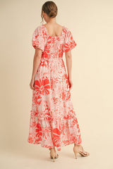 Coral Floral Print Smocked Bodice Maxi Dress