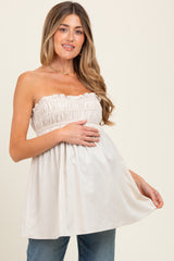 Beige Linen Ruched Strapless Tube Tunic Maternity Top