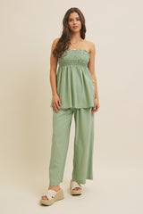 Light Olive Linen Ruched Strapless Tube Tunic Top