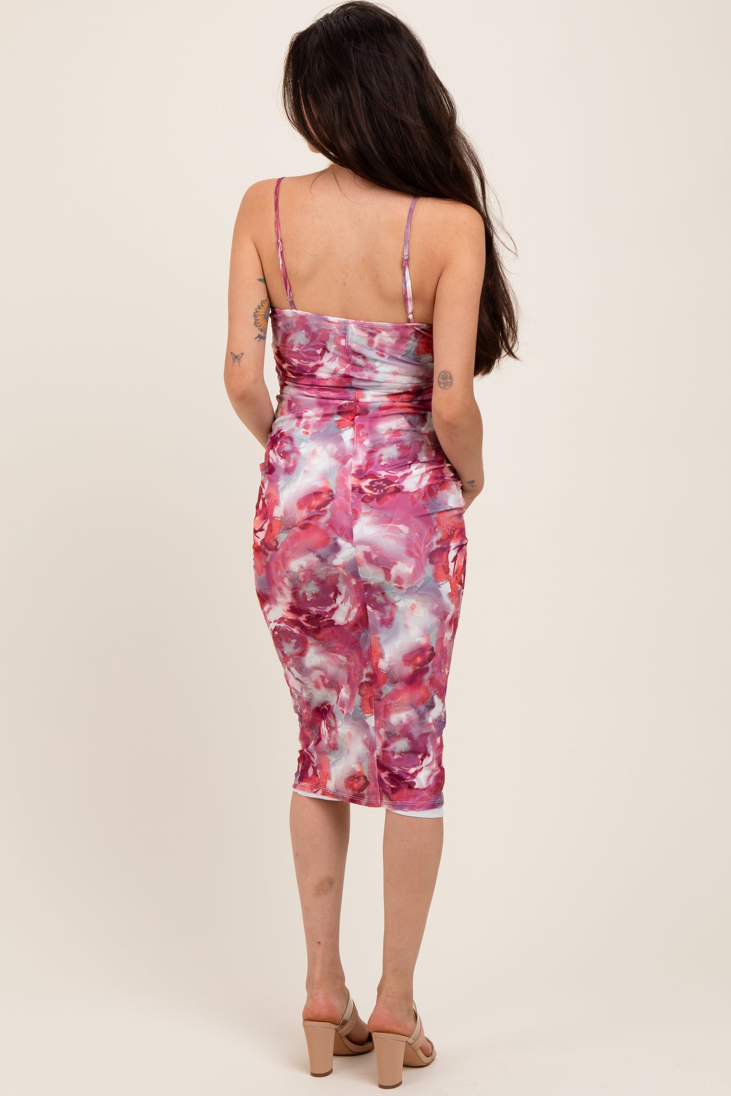 Mauve Floral Lace Trim Maternity Fitted Midi Dress