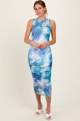 Teal Printed Mesh Overlay Sleeveless Fitted Maternity Midi Dress