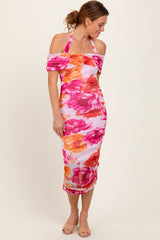 Fuchsia Floral Mesh Off Shoulder Halter Maternity Midi Dress