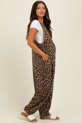 Brown Animal Print Waffle Knit Oversized Maternity Jumpsuit