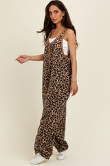 Brown Animal Print Waffle Knit Oversized Jumpsuit