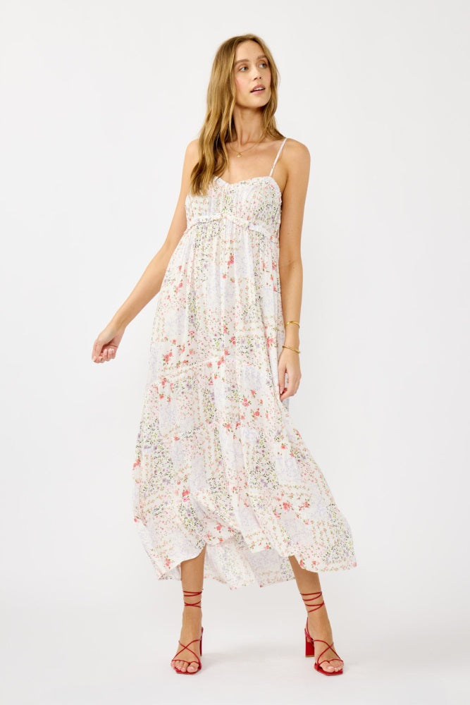 Ivory Floral Sleeveless Tiered Ruffle Detail Maxi Dress