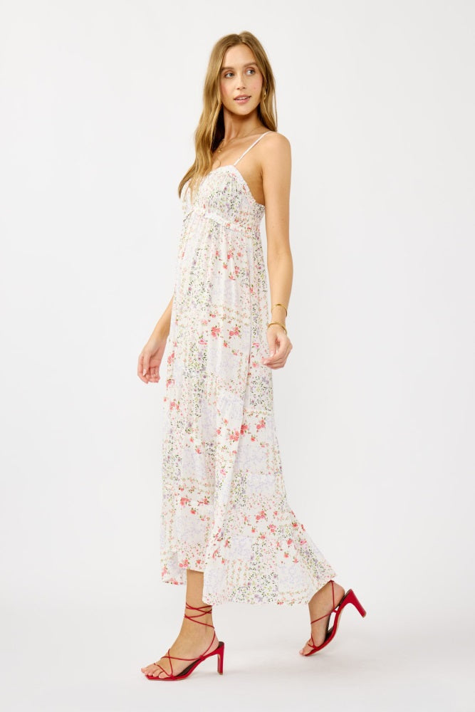 Ivory Floral Sleeveless Tiered Ruffle Detail Maxi Dress