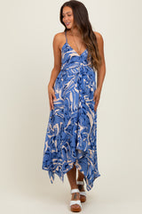 Blue Printed Crisscross Back Maternity Handkerchief Dress