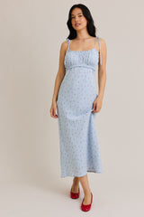 Light Blue Cherry Print Shoulder Tie Midi Dress