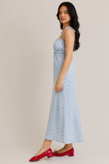 Light Blue Cherry Print Shoulder Tie Midi Dress