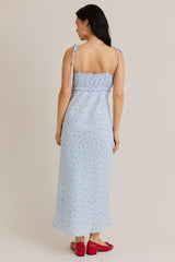 Light Blue Cherry Print Shoulder Tie Midi Dress