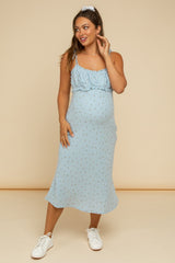 Light Blue Cherry Print Shoulder Tie Maternity Midi Dress
