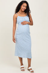 Light Blue Cherry Print Shoulder Tie Maternity Midi Dress
