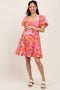 Pink Printed Smocked Puff Sleeve Maternity Mini Dress