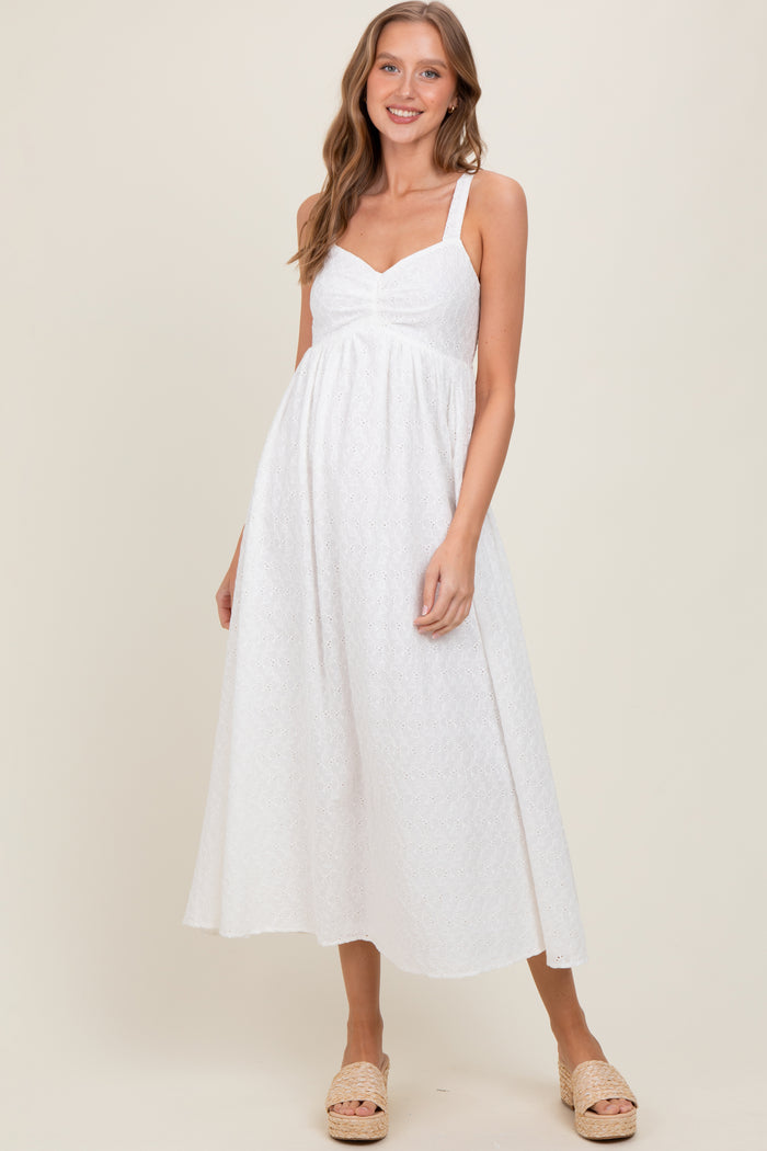 Ivory Eyelet Lace Sweetheart Neckline Maternity Midi Dress