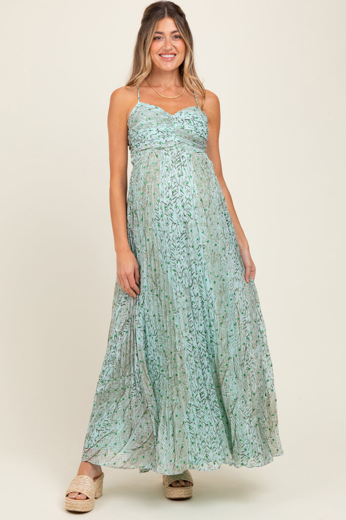 Mint Green Floral Cutout Tie Back Maternity Maxi Dress