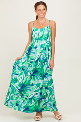 Green Printed Shoulder Tie Maxi Dress